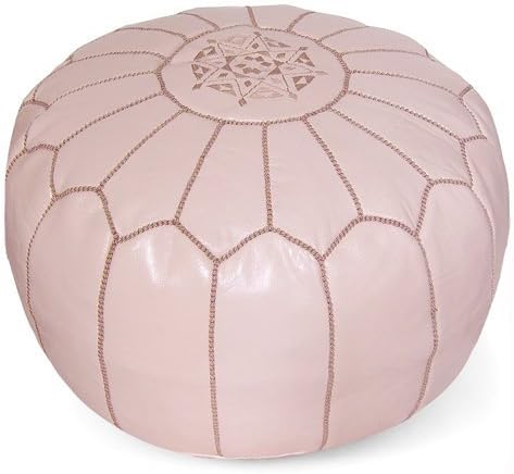 Stuffed Round Design Moroccan Leather Pouf Ottoman, Handmade, Pre-Filled, 100% Genuine Leather, 13” Height x 20” Diameter, Footstool & Living Room Décor (Papaya)