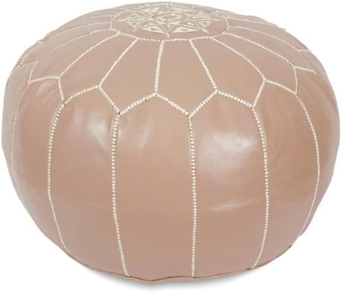 Stuffed Round Design Moroccan Leather Pouf Ottoman, Handmade, Pre-Filled, 100% Genuine Leather, 13” Height x 20” Diameter, Footstool & Living Room Décor (Light Brown)