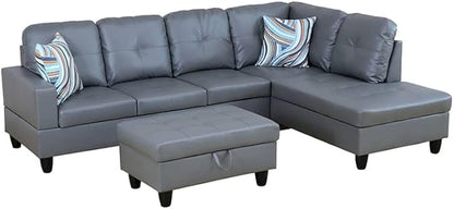 NicBex Sectional Couch 3 Pieces Sofa Set with Left Chaise Synthetic Leather L Shaped Cloud Couch for Living Room Furniture Sets with Storage Ottoman, Modular Sofa for Apartment, Silver Gray