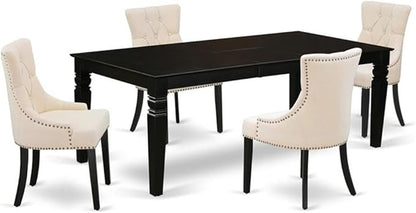 East West Furniture LGFR5-BLK-02 5 Piece Dining Room Set Includes a Rectangle Wooden Table with Butterfly Leaf and 4 Light Beige Linen Fabric Parson Dining Chairs, 42x84 Inch, Black