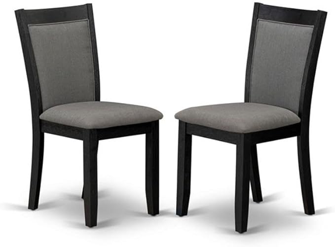 East West Furniture DLMZ3-AB6-50 3 Piece Dining Table Set Contains a Round Dining Room Table with Dropleaf and 2 Dark Gotham Grey Linen Fabric Upholstered Chairs, 42x42 Inch, Wirebrushed Black