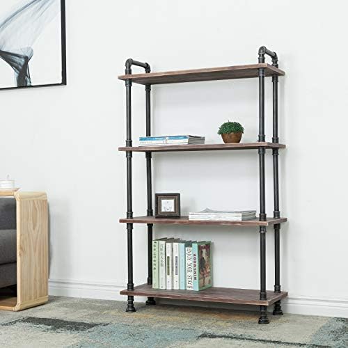 Industrial Bookcase, Solid Pine Open Wood Shelves, Rustic Modern Industrial Pipe and Solid Wood Style Bookshelf (4-Layers)