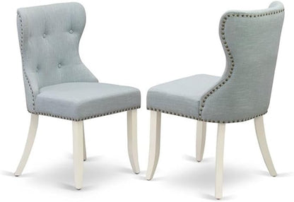 East West Furniture LGSI9-LWH-15 9 Piece Kitchen Table Set Includes a Rectangle Dining Table with Butterfly Leaf and 8 Baby Blue Linen Fabric Parsons Dining Chairs, 42x84 Inch, Linen White