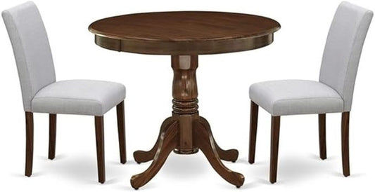 East West Furniture ANAB3-AWA-05 3 Piece Modern Dining Table Set Includes a Round Kitchen Table with Pedestal and 2 Parson Dining Chairs, 36x36 Inch, Antique Walnut