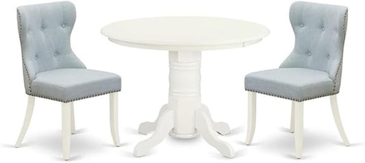 East West Furniture SHSI3-WHI-15 3 Piece Dining Room Table Set Contains a Round Wooden Table with Pedestal and 2 Baby Blue Linen Fabric Upholstered Chairs, 42x42 Inch, Linen White