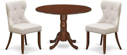 East West Furniture DLSI3-MAH-35 3 Piece Kitchen Table Set Contains a Round Dining Table with Dropleaf and 2 Doeskin Linen Fabric Parson Dining Room Chairs, 42x42 Inch, Mahogany