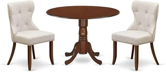 East West Furniture DLSI3-MAH-35 3 Piece Kitchen Table Set Contains a Round Dining Table with Dropleaf and 2 Doeskin Linen Fabric Parson Dining Room Chairs, 42x42 Inch, Mahogany