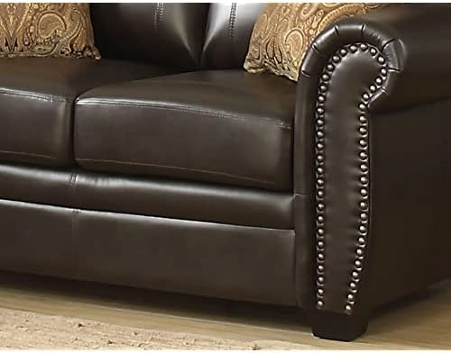 AC Pacific Louis Collection Traditional Upholstered Leather Living Room Piece with Antique Brass Nail Head Trim, Loveseat, Dark Brown