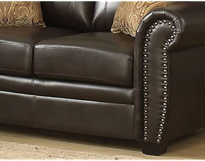 AC Pacific Louis Collection Traditional Upholstered Leather Living Room Piece with Antique Brass Nail Head Trim, Loveseat, Dark Brown