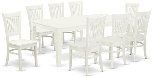 East West Furniture LGVA9-LWH-W 9 Piece Dining Table Set Includes a Rectangle Dining Room Table with Butterfly Leaf and 8 Wood Seat Chairs, 42x84 Inch, Linen White