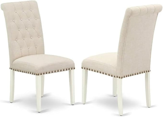 East West Furniture BRP2T02 Bremond Parsons Dining Chairs - Button Tufted Nailhead Trim Light Beige Linen Fabric Upholstered Chairs, Set of 2, Linen White