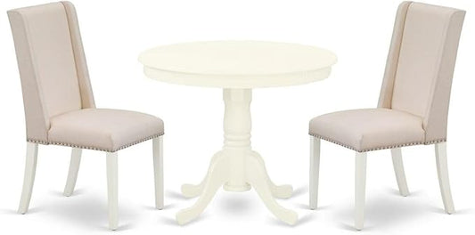 East West Furniture ANFL3-LWH-01 3 Piece Dining Room Furniture Set Contains a Round Kitchen Table with Pedestal and 2 Cream Linen Fabric Parson Dining Chairs, 36x36 Inch, Linen White