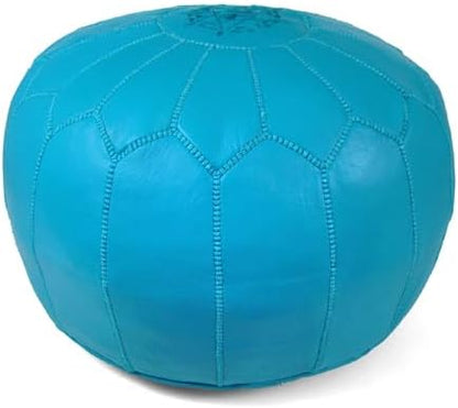 Stuffed Round Design Moroccan Leather Pouf Ottoman, Handmade, Pre-Filled, 100% Genuine Leather, 13” Height x 20” Diameter, Footstool & Living Room Décor (Turquoise)