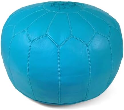 Stuffed Round Design Moroccan Leather Pouf Ottoman, Handmade, Pre-Filled, 100% Genuine Leather, 13” Height x 20” Diameter, Footstool & Living Room Décor (Turquoise)
