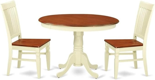 East West Furniture HLWE3-BMK-W 3 Piece Dinette Set for Small Spaces Contains a Round Dining Table with Pedestal and 2 Dining Chairs, 42x42 Inch, Buttermilk & Cherry