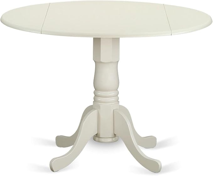 East West Furniture DLBO3-LWH-LC 3 Piece Modern Dining Table Set Contains a Round Wooden Table with Dropleaf and 2 Faux Leather Kitchen Dining Chairs, 42x42 Inch, Linen White