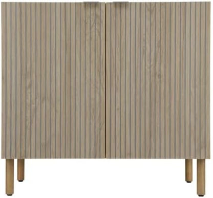 Sango Merk 2-Door Cabinet, Modern Brown Storage Cabinet with Vertical Groove Doors, Adjustable Shelf, Cylindrical Wood Legs, Discreet Metal Finger Pulls, Stylish Furniture for Living or Dining Room