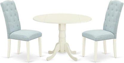 East West Furniture DLCE3-WHI-15 3 Piece Dining Table Set Contains a Round Dining Room Table with Dropleaf and 2 Baby Blue Linen Fabric Upholstered Chairs, 42x42 Inch, Linen White