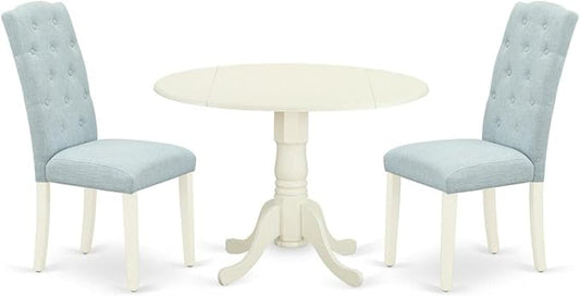 East West Furniture DLCE3-WHI-15 3 Piece Dining Table Set Contains a Round Dining Room Table with Dropleaf and 2 Baby Blue Linen Fabric Upholstered Chairs, 42x42 Inch, Linen White