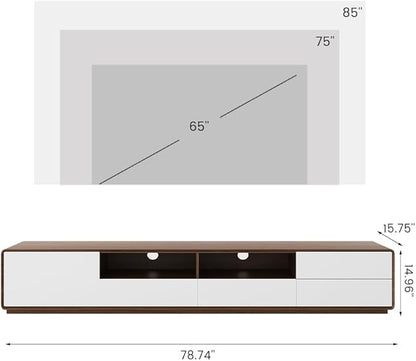 POVISON Modern Wood White TV Stand 78", Fully-Assembled Open Storage Cabinet, Lowline Media Console with 4 Drawers, Walnut Veneer (TV Stand Only)