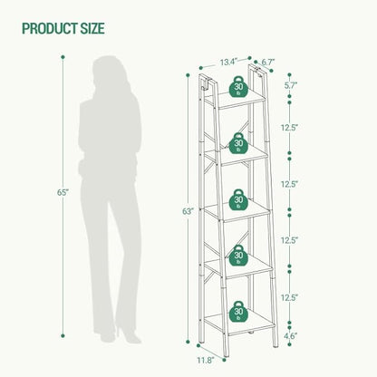 Ladder Shelf, Bookshelf Bookcase, Freestanding Corner Storage Shelve with 2 Hooks for Home Office, Living Room, Kitchen, Bedroom, Industrial, 5-Tier Greige BC03205B