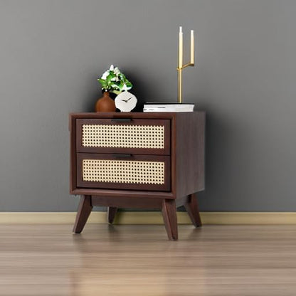 Bme Jasper Deluxe Solid Wood Rattan Nightstand Fully Assembled-Mid Century Modern Side Table with 2 Drawers-Multipurpose use for Living Room, Bedroom-Walnut