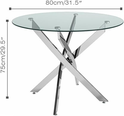 Glass Dining Table Modern Kitchen Table with Silver Metal Legs 32 Inch Small Round Dining Table for Apartment Kitchen Dining Room