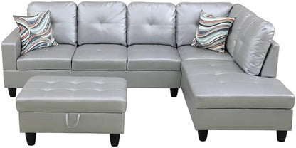 NicBex Sectional Couch 3 Pieces Sofa Set with Left Chaise Synthetic Leather L Shaped Cloud Couch for Living Room Furniture Sets with Storage Ottoman, Modular Sofa for Living Room & Apartment, Silver