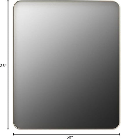 TokeShimi 30 x 36 Inch Brushed Silver Bathroom Mirror for Wall Brushed Brass Metal Rounded Corner Rectangle Mirror Metal Frame Deep Set Design Hangs Horizontal Or Vertical