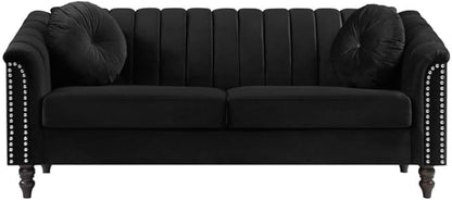 Sectional Sofa Set, Microfiber Chesterfield Upholstered Sofas Loveseat Couch Chair Sets with Style Button Tufted, Scroll Arms and Nailhead for Living Room, Office, Apartment-Black,S