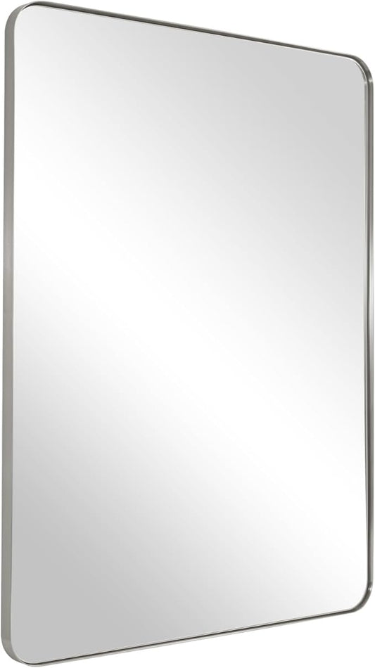 ANDY STAR Brushed Nickel Mirror for Wall, 20”x28” Silver Rectangle Bathroom Mirror, Modern Metal Mirror in Rounded Corner Stainless Steel Frame, 1’’ Deep Set Design Hangs Horizontal Or Vertical