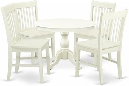 East West Furniture HBNF5-LWH-W 5 Piece Modern Dining Table Set Includes a Round Wooden Table with Pedestal and 4 Dining Room Chairs, 42x42 Inch, Linen White