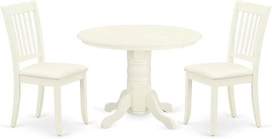 East West Furniture SHDA3-WHI-C 3 Piece Dining Room Table Set Contains a Round Kitchen Table with Pedestal and 2 Linen Fabric Upholstered Dining Chairs, 42x42 Inch, Linen White