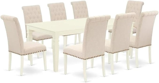 East West Furniture LGBR9-LWH-02 9 Piece Dining Room Set Includes a Rectangle Kitchen Table with Butterfly Leaf and 8 Light Beige Linen Fabric Upholstered Chairs, 42x84 Inch, Linen White