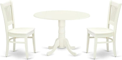 East West Furniture DLVA3-LWH-W 3 Piece Modern Dining Table Set Contains a Round Wooden Table with Dropleaf and 2 Dining Room Chairs, 42x42 Inch, Linen White