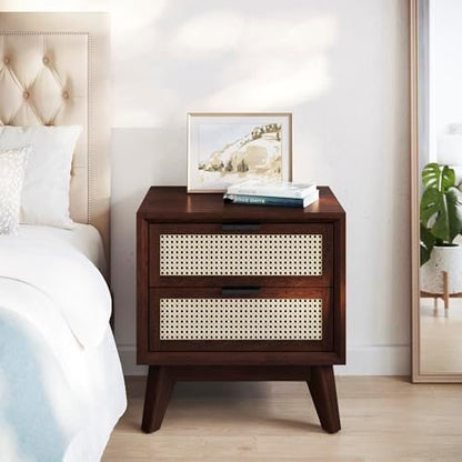 Bme Jasper Deluxe Solid Wood Rattan Nightstand Fully Assembled - Mid Century Modern Side Table with 2 Drawers - Multipurpose use for Living Room, Bedroom - Walnut