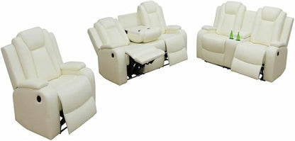 Electric Power Recliner Chair/Loveseat/Sofa Living Room, Comfy Home Theater Breathing Leather Seating with USB 2.0 Charging Ports, LED Light Strips, Fold-Down Table & Cupholders (White, 3-Piece)