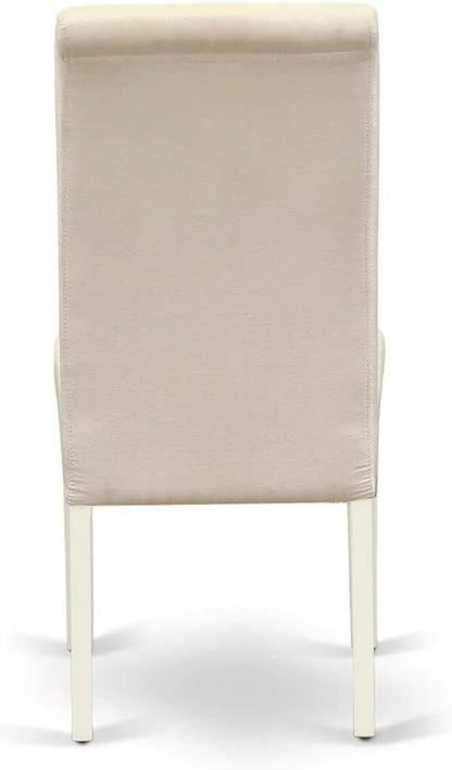 East West Furniture DLBA3-WHI-01 3 Piece Modern Dining Table Set Contains a Round Wooden Table with Dropleaf and 2 Cream Linen Fabric Upholstered Parson Chairs, 42x42 Inch, Linen White