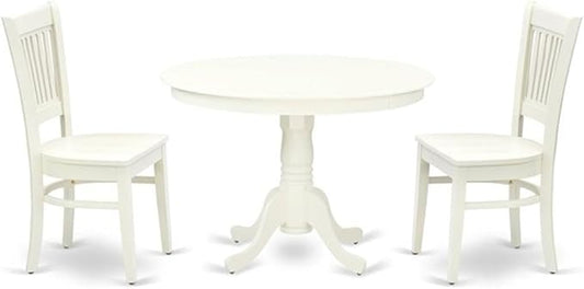 East West Furniture HLVA3-LWH-W 3 Piece Dining Room Furniture Set Contains a Round Kitchen Table with Pedestal and 2 Dining Chairs, 42x42 Inch, Linen White