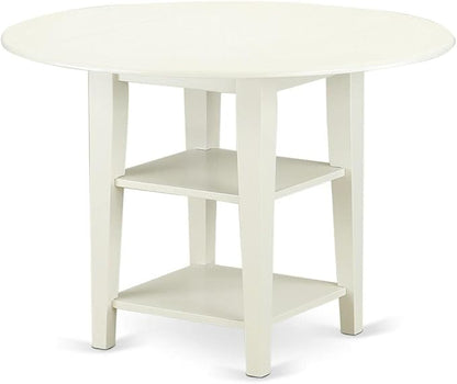 East West Furniture SUDA3-LWH-C 3 Piece Dining Table Set Contains a Round Dining Room Table with Dropleaf & Shelves and 2 Linen Fabric Upholstered Chairs, 42x42 Inch, Linen White