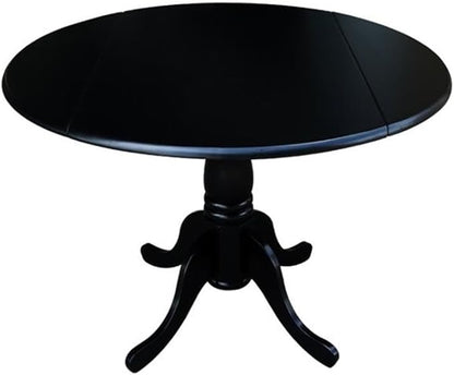 IC International Concepts, 42" Round Dual Drop Leaf Pedestal Dining Table, Solid Wood, Real Parawood, 42" W x 42" D x 29.5" H, Easy Assembly, Black