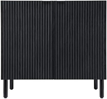 Sango Merk 2-Door Cabinet, Modern Black Storage Cabinet with Vertical Groove Doors, Adjustable Shelf, Cylindrical Wood Legs, Discreet Metal Finger Pulls, Stylish Furniture for Living or Dining Room