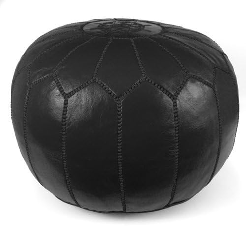 Stuffed Round Design Moroccan Leather Pouf Ottoman, Handmade, Pre-Filled, 100% Genuine Leather, 13” Height x 20” Diameter, Footstool & Living Room Décor (Black)