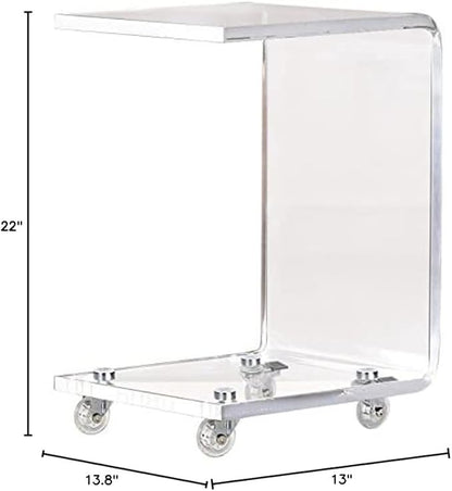 ONELUX Mobile C Shaped End Table,Acrylic Sofa Side Table, Snack Table On Wheels,Clear Rolling Table