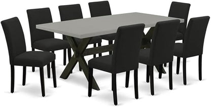 East West Furniture X697AB624-9 9 Piece Dining Room Table Set Includes a Rectangle Kitchen Table with X-Legs and 8 Black Color Linen Fabric Parsons Dining Chairs, 40x72 Inch, Multi-Color