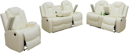 Electric Power Recliner Chair/Loveseat/Sofa Living Room, Comfy Home Theater Breathing Leather Seating with USB 2.0 Charging Ports, LED Light Strips, Fold-Down Table & Cupholders (White, 3-Piece)
