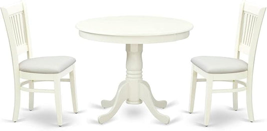 East West Furniture ANVA3-LWH-C 3 Piece Dining Table Set for Small Spaces Contains a Round Kitchen Table with Pedestal and 2 Linen Fabric Kitchen Dining Chairs, 36x36 Inch, Linen White