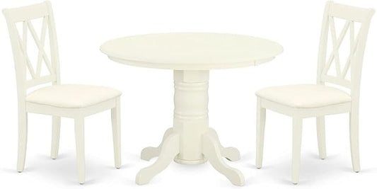 East West Furniture SHCL3-WHI-C 3 Piece Dining Room Furniture Set Contains a Round Kitchen Table with Pedestal and 2 Linen Fabric Upholstered Dining Chairs, 42x42 Inch, Linen White