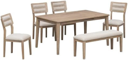 SogesHome Classic 6-Piece Dining Table Set, Rectangular Wooden Kitchen Table with Upholstered Chairs & Bench for Dining Room, Traditional Retro Farmhouse Dining Table for Kitchen, Natural