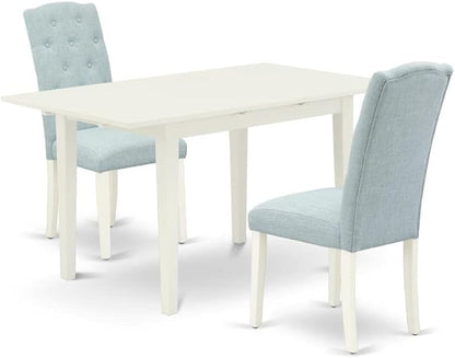 East West Furniture NOCE3-LWH-15 3 Piece Dining Table Set Contains a Rectangle Dining Room Table with Butterfly Leaf and 2 Baby Blue Linen Fabric Parsons Chairs, 32x54 Inch, Linen White